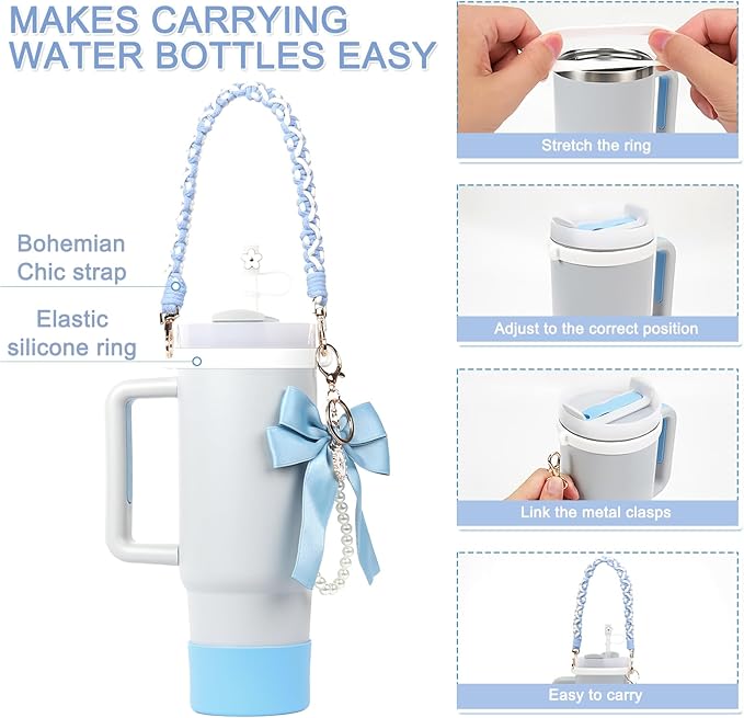 BELSITA Stanley Cup Accessories Set, Bow Pearl Chain Braided Design Water Bottle Handle Strap, Silicone Stanley Cup Boot, Stanley Charms for Stanley Cup 30/40oz Tumble (Blue)