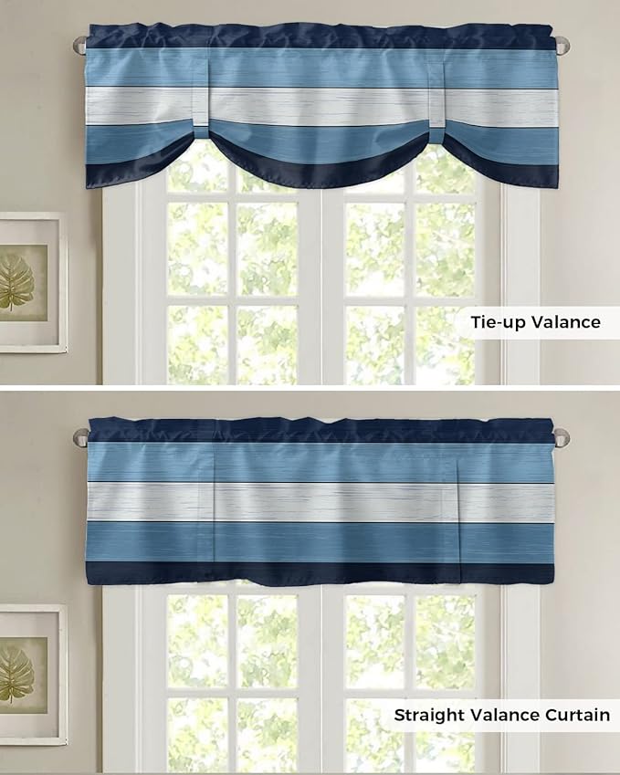 Farmhouse Blackout Tie Up Valance Curtains for Kitchen Windows,Navy Sky Blue White Window Toppers Balloon Shades for Living Room/Bathroom/Bedroom,1 Panel,60" X 18" Retro Rustic Barn Wood Texture