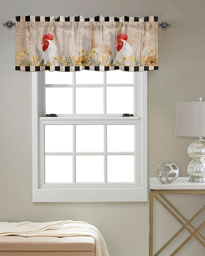 Farmhouse Kitchen Curtains Valances for Windows Sunflower Vintage Farm Chicken Rod Pocket Window Treatment for Kitchen/Living Room/Bedroom/Bathroom,42" X 18" -1 Panel, Black White Plaid