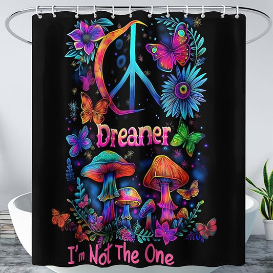 AILONEN Mushroom Shower Curtain for Bathroom,Butterfly Flower Design,Polyester Fabric,Waterproof,Blue Purple Fungus Plants Black Bath Curtains Washable,with 12 Plastic Hooks, 60" W x 72" H