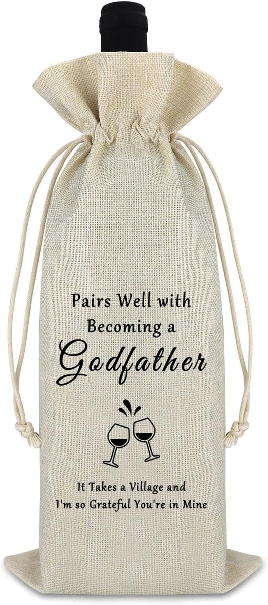 Godfather Gift from Godchild Godfather Wine Bags Birthday Thank You Gift for Godparent Uncle Fathers in Law Gift Cotton Burlap Wine Wrap Bag Christening Gift Baptism Gift for Godfather Proposal Gift