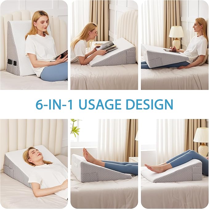Wedge Pillow for Back Pain Relief, Bed Wedge Pillow for Sleeping, 24×24×7.5 Inch Memory Foam Anti Snore Pillow, Triangle Pillow Wedge for Sleeping Acid Reflux, Gerd, Elevated Pillow White/Grey