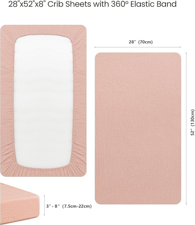 Konssy Muslin Fitted Crib Sheets 100% Cotton Baby Crib Sheets for Standard Crib Mattress (28 X 52 Inches), Soft and Breathable for Boys, Girls (Blush Pink)