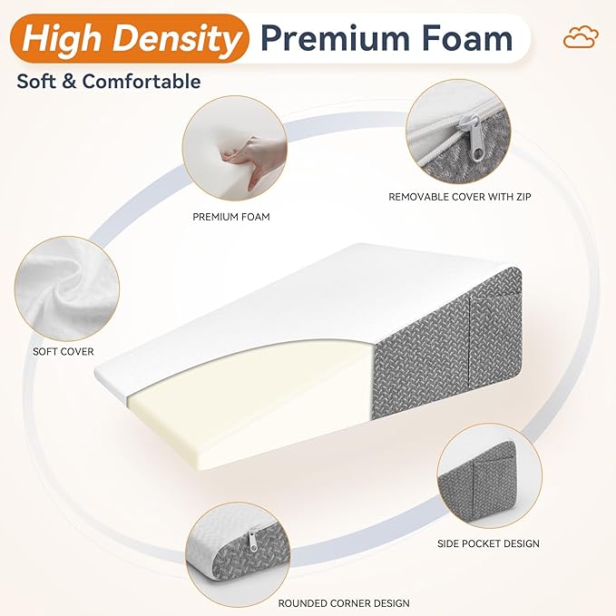 Wedge Pillow for Sleeping, 8 inch Bed Wedge Pillow, Elevated Body Pillow for Back Support, Acid Reflux, Leg, Neck Pain, Snoring, Triangle Pillow Wedge -Removable Cover, White/Grey