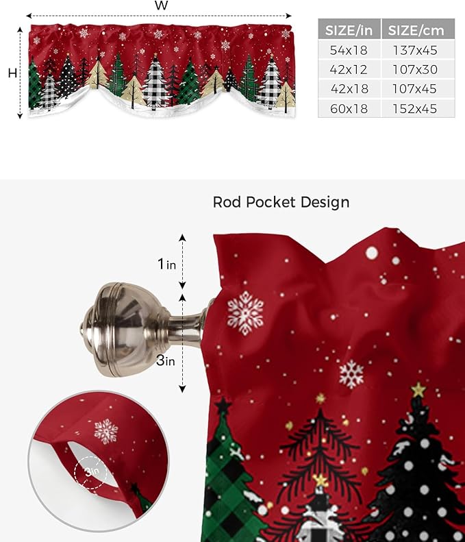 Red Merry Christmas Blackout Tie Up Valance Curtains for Kitchen Windows Green Christmas Tree Window Toppers Balloon Shades for Living Room/Bathroom/Bedroom,1 Panel, 42" X 12",White Snow Forest Winter