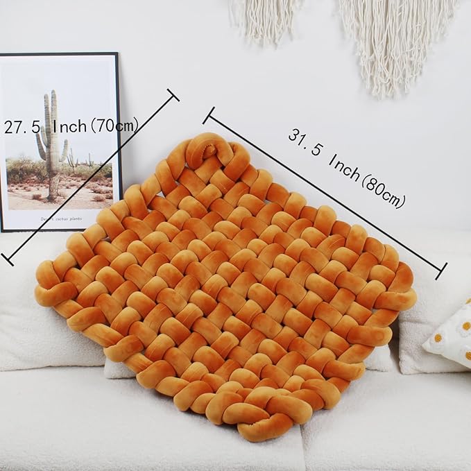 XHJRI Thickened Braided Knot Seat Mat, Knotted Floor Decorative Cushion, Handmade Baby Infant Playing Pad Nursery Rug (27.5 * 31.5 Inch,Special Orange 50)
