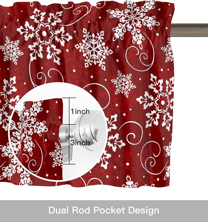 Christmas Valance Curtains for Kitchen Windows Red White Snowflakes Pattern Rod Pocket Window Treatment Toppers for Kitchen/Living Room/Bedroom/Bathroom, 42" X 18", Winter