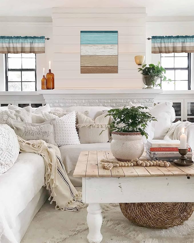 Farmhouse Kitchen Curtains Valances for Windows ,Teal Blue Brown Beach Rod Pocket Country Window Treatment for Kitchen /Living Room/Bedroom/ Bathroom,42" X 12" -1 Panel, Retro Rustic Barn Wood Texture