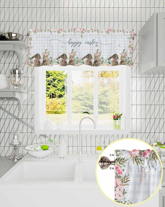Rabbits Flowers Easter Kitchen Curtains Valances for Windows Eucalyptus Leaf Spring Summer Rod Pocket Window Treatment for Kitchen /Living Room/Bedroom/ Bathroom, 42" X 12", Grey White Buffalo Plaid