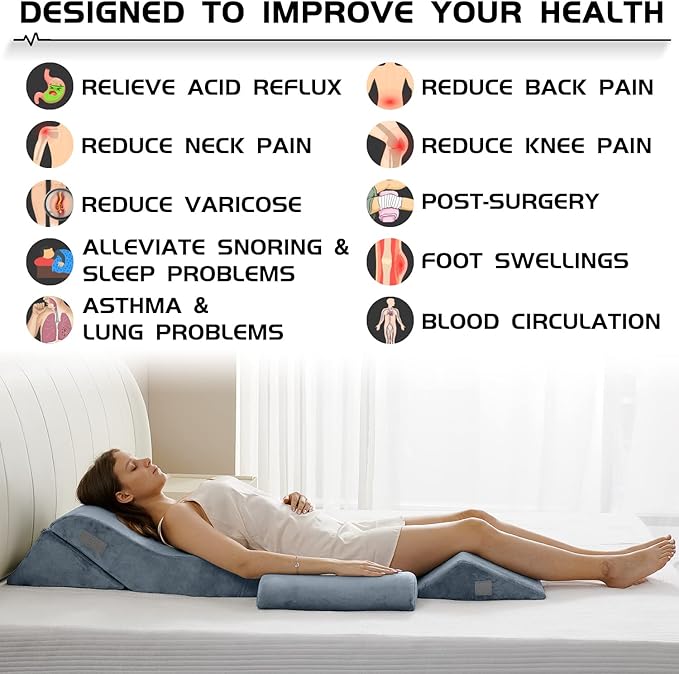 Qirroboni 4PCS Orthopedic Bed Wedge Pillow Set, Adjustable Pillows for Neck, Back and Leg Pain Relief Comfortable & Post Surgery Foam - Heartburn, Anti Snoring, Acid Reflux & GERD Sleeping Navy