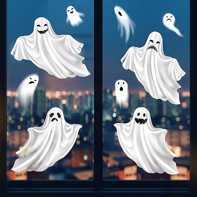 Halloween White Ghost Window Clings Stickers Decoration Horror Ghost Design Halloween Window Cling Decal Double Sided Static Halloween Window Stickers for Halloween Party Supplies Glass Decor
