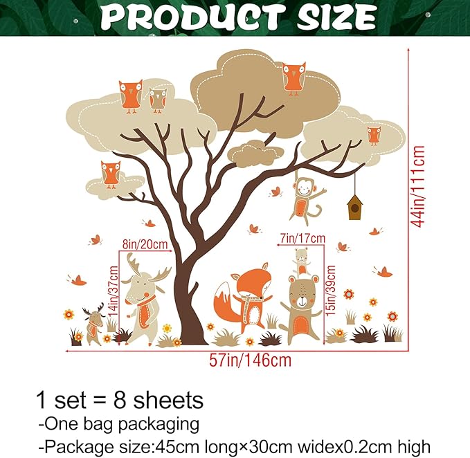 Woodland Animals Large Tree Wall Stickers Fox Deer Monkey Owl Wall Decals Removable DIY Peel and Stick Wall Decor for Kids Baby Bedroom Living Room