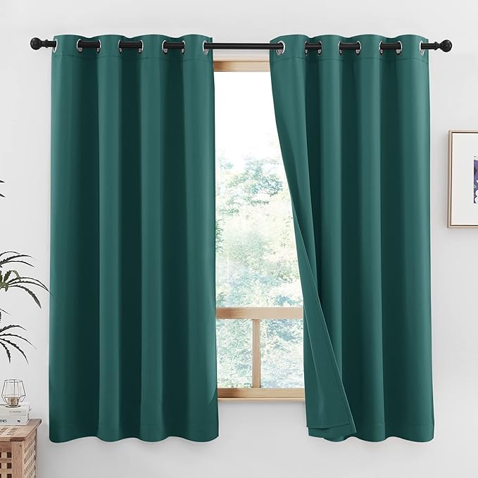 NICETOWN 100% Blackout Curtains with Same Color Liners, Thermal Insulated 2-Layer Lined Drapes, Room Warming Small Window Draperies for Bathroom (Emerald Green, 2 Panels, 52 inches W by 54 inches L)