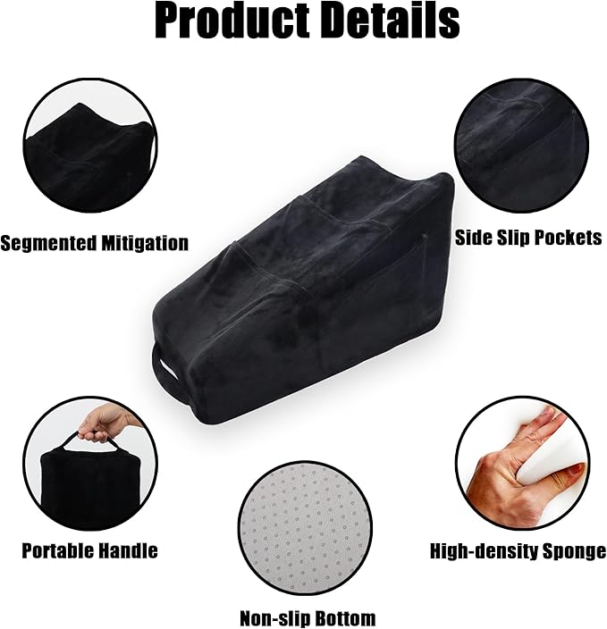 Sexysamba Arm Pillow Arm Elevation Pillow with 5 Pockets for Post Surgery Support Pillow for Elbow Arm Rest Wedge Pillow Shoulder Surgery Pillow with Removable Non-Slip Bottom Pillow Case - Black