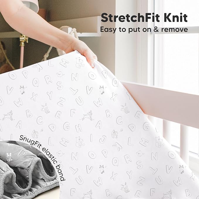 Pack and Play Sheets Fitted, 2-Pack Mini Crib Sheets - Pack N Play Sheets, Organic Fitted Crib Sheet for Pack and Play Mattress, Playard Baby Crib Sheets,Crib Sheets Neutral for Boys,Girls (ABC Land)