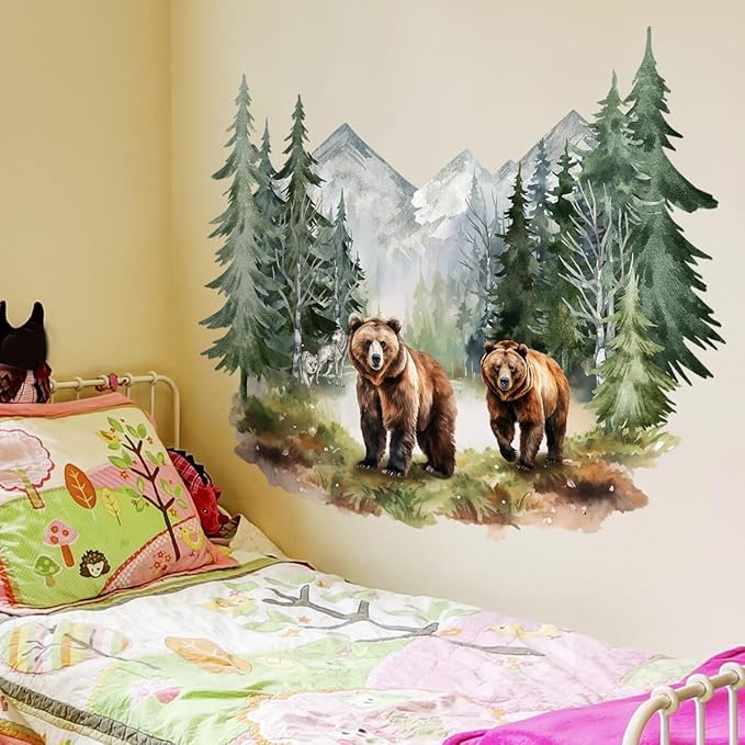 Vibrant Watercolor Bear Forest Wall Decals - Set of 2 Large Sheets (30x90cm) - Perfect for Nursery, Kids Room Decor - Easy Peel & Stick Removable Art