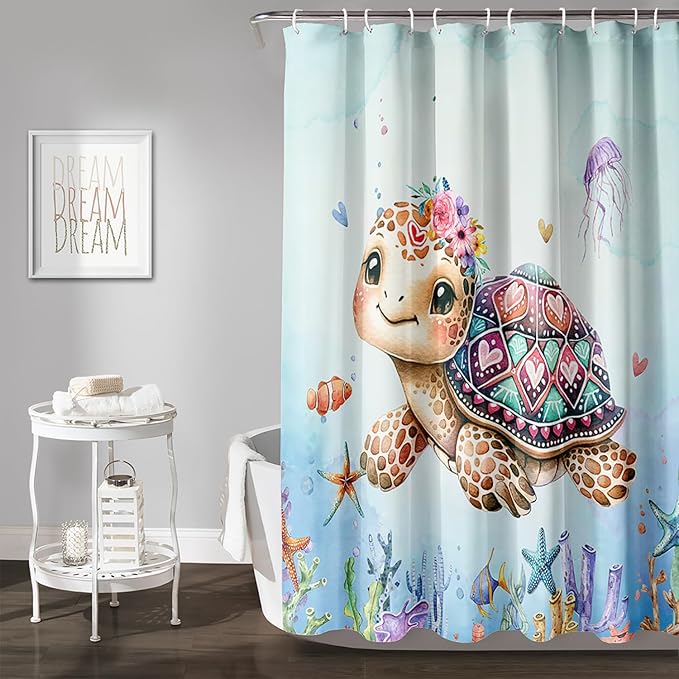 AILONEN Cartoon Sea Turtle Shower Curtain,Kawaii Ocean Sea Turtle Bath Curtain Set for Kids Girls,Ocean Flowers Bathroom Curtains,Watercolor Blue Shower Curtains for Bathroom, 60" W*72" H