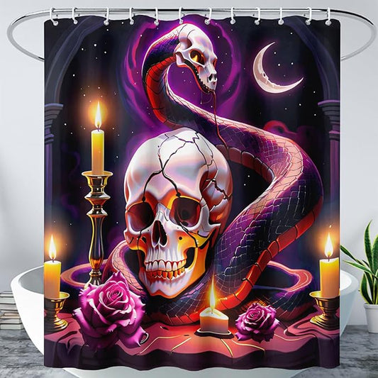 AILONEN Gothic Skull Shower Curtain for Bathroom,Terror Snake Skull Bath Curtain Decoration,Starry Skull Skeleton Print Waterproof Purple Curtain with 12 Plastic Hooks, 72" W*84" H