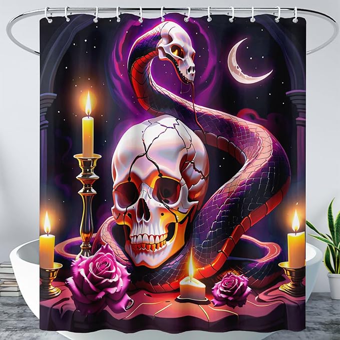 AILONEN Gothic Skull Shower Curtain for Bathroom,Terror Snake Skull Bath Curtain Decoration,Starry Skull Skeleton Print Waterproof Purple Curtain with 12 Plastic Hooks, 48" W*72" H