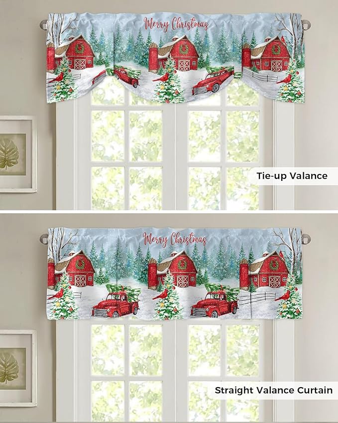 Red Truck Christmas Blackout Tie Up Valance Curtains for Kitchen Windows Merry Christmas Farmhouse Window Toppers Balloon Shades for Living Room/Bathroom/Bedroom,1 Panel, 60" X 18", Winter Xmas Tree