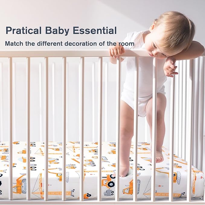 JISEN Baby Crib Sheets Soft Breathable Fitted Crib Sheets Baby Sheet for Standard Crib and Toddler Mattress Baby Bed Sheets for Crib for Baby Boys Girls Neutral 52x28 Inch Construction Trucks