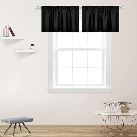 Black Valance for Windows 42x18 Inch Solid Thermal Insulated Blackout Rod Pocket Kitchen Short Curtain Toppers Valance for Bathroom Living Room 2 Panels