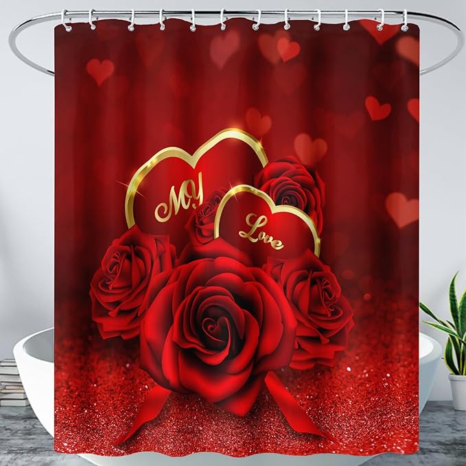 AILONEN Red Rose Shower Curtain for Bathroom, Romantic Flower Rose 3D Printed Valentine Wedding Bathroom Curtain,60" W*72" H Polyester Waterproof Bath Curtain with 12 Hooks