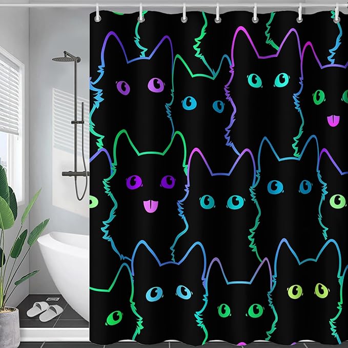 AILONEN Cute Cat Shower Curtain for Bathroom,Gradient Line Kawaii Kitten Bath Curtain for Kids Boys Girls,Color Cartoon Animal Polyester Waterproof with 12 Plastic Hooks 72" W*72" H