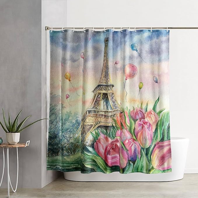 AILONEN Eiffel Tower Shower Curtain,Fantasy Tower Bathroom Fabric Shower Curtain for Girls Kids Teens, 72" W*96" H Flower Balloon Paris Tower Watercolor Theme Bathroom Decor