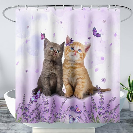 AILONEN Cartoon Cat Shower Curtain, Kawaii Kittens with Purple Flower Shower Curtain for Kids Girls Boys Bathroom Decor,Cute Pet Cat Lover Waterproof Shower Curtains Sets with Hooks,72" W*78" H