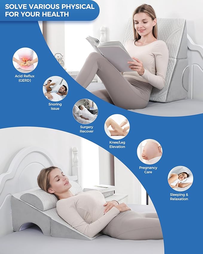 Forias Adjustable 10" Bed Wedge Pillow for Sleeping, Versatile Triangle Wedge Pillows for After Surgery, Acid Reflux, Snoring, Gerd,Leg Elevation, Foldable Wedge Pillow with Headrest Pillow