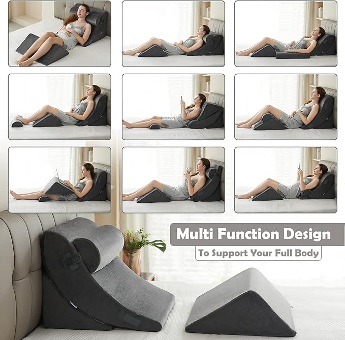 Ganaver 4Pcs Wedge Pillow for Sleeping, Orthopedic Bed Wedge Pillows for After Surgery, Foam Triangle Sit Up Pillow Wedge for Back, Neck, Shoulder Support, Leg Elevation, Acid Reflux, Snoring, Grey