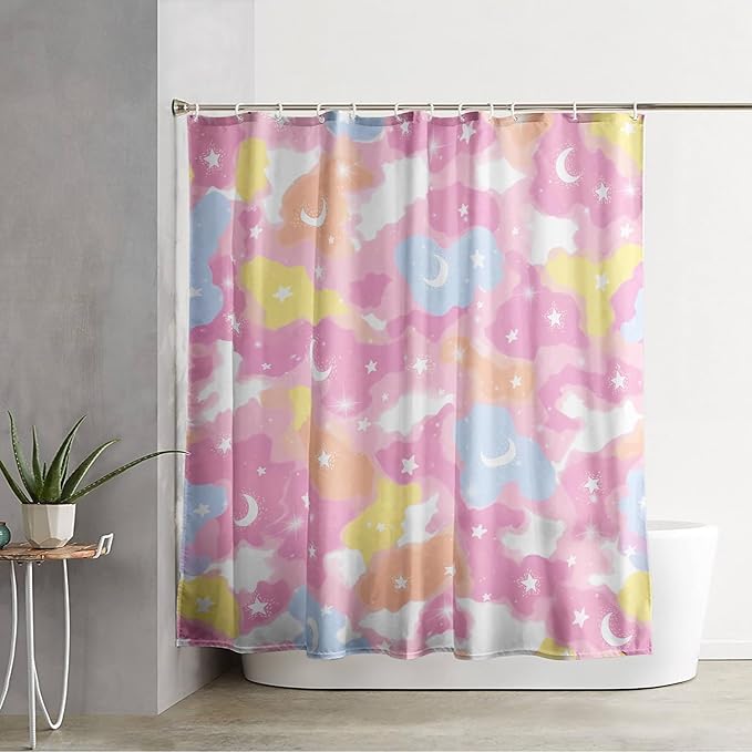 AILONEN Pink Galaxy Shower Curtain,Star and Moon Theme Bathroom Shower Curtain for Girls Kids Teens, 36" W*72" H Colorful Starry Sky Shower Curtain for Bathroom