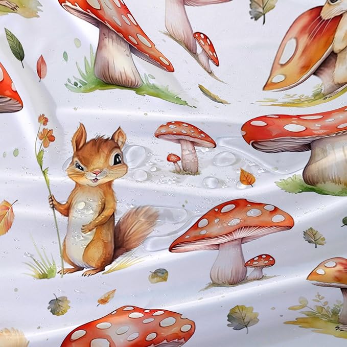 AILONEN Cartoon Mushroom Shower Curtain for Kids Girls Boys, Kawaii Squirrels with Red Mushroom Shower Curtains for Bathroom,Cute Animal Shower Curtain Set with Hooks,72" W*72" H
