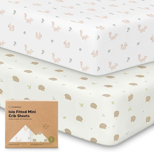 Pack and Play Sheets Fitted, 2-Pack Mini Crib Sheets - Pack N Play Sheets, Organic Fitted Crib Sheet for Pack and Play Mattress, Playard Baby Crib Sheets,Crib Sheets Neutral for Boys (Nibbles/Bruce)