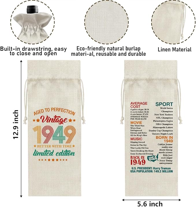 75th Birthday Gifts Wine Bag Congratulations Gifts for Women Men Parents Mom Dad Anniversary 1949 Birthday Wine Gift Bag