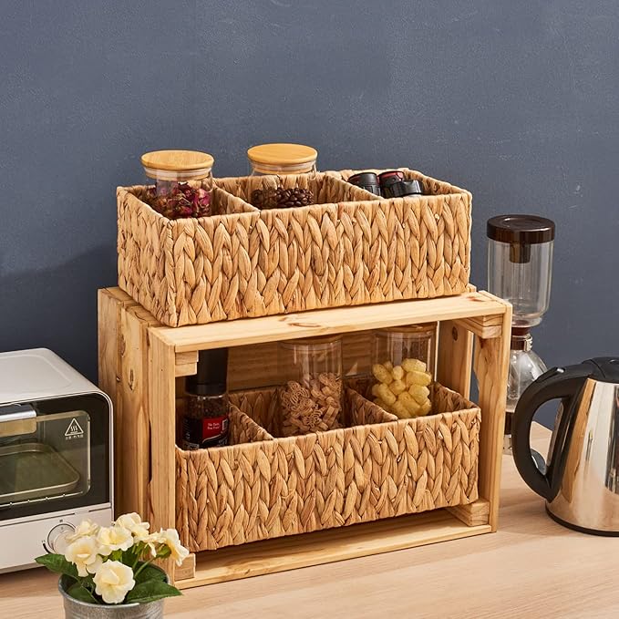 EZOWare 3 Section Natural Water Hyacinth Storage Baskets, Woven Wicker Divided Organizer Bin for Organizing Bathroom, Toilet Tank Top, Vanity Countertop, Kitchen Pantry - Set of 2