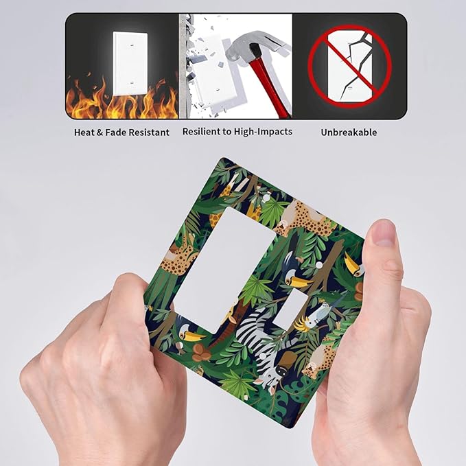 Cartoon Animal Zebra Leopard Giraffe Bird Leaf 2 Gang Single Toggle Rocker Combination Nursery Light Switch Covers Decorative Wall Plate Cover Electrical Faceplate Switchplate for Kidroom