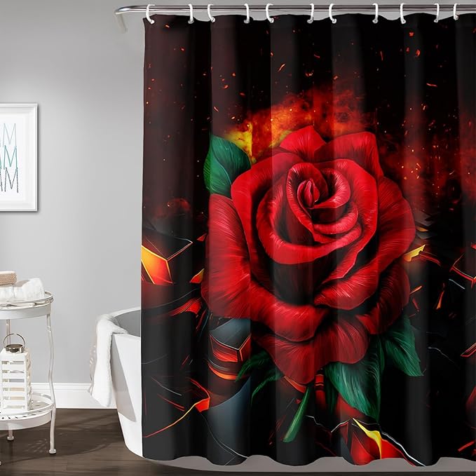AILONEN Red Rose Shower Curtain for Bathroom, 3D Print Romantic Flower Bath Curtain,Modern Botanical Flame Fire Rose Flower Waterproof Shower Curtain Decoration with 12 Plastic Hooks, 72" W*78" H