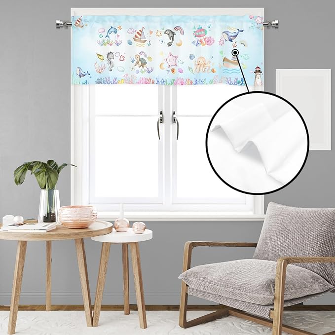 Colorful Sea Animals Valance 54''x18'' Kids Toddler Nursery Bedroom Window Decor Drapes Whale Dolphin Turtle Sea Horse Corals Rainbow Rod Pocket Short Curtains for Kitchen Living Room Bathroom 1 Pack
