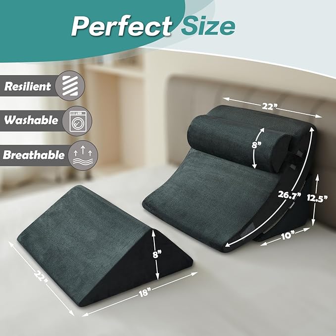 Ganaver 4Pcs Wedge Pillow for Sleeping, Orthopedic Bed Wedge Pillows for After Surgery, Foam Triangle Sit Up Pillow Wedge for Back, Neck, Shoulder Support, Leg Elevation, Acid Reflux, Gerd, Snoring