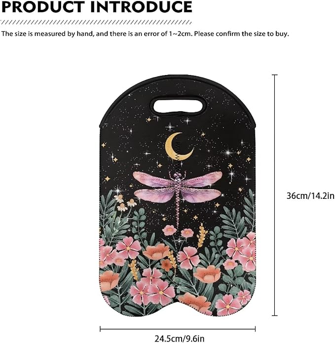 doginthehole Dragonfly Wine Carrier Tote Bag 2 Bottle Insulated Neoprene Wine/Water Bottle Holder Moon Print Wine Carrier Tote Bag Flower Pattern Champagne Carrying Bag Gift for Women Wine Love