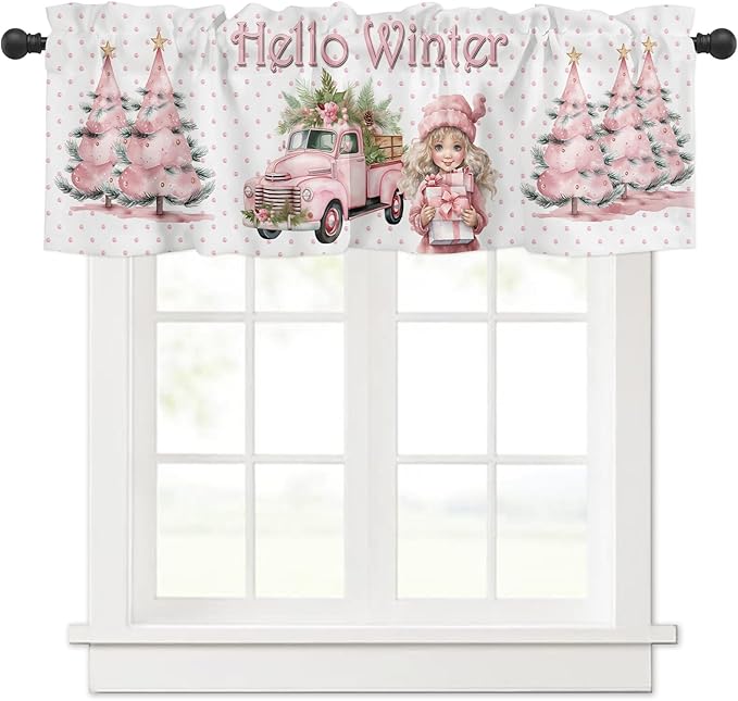 Hello Winter Pink Window Valance for Bedroom Living Room, Pink Christmas Window Curtain for Kitchen Bathroom, Pink Window Valance Rod Pocket Window Treatment, Xmas Home Decors, 54" W x 18" L
