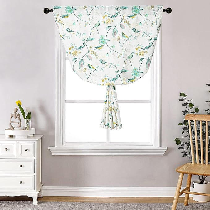 Leeva Tie Up Windows Curtains for Kitchen, Green Vivid Birds Printed Pattern Thermal Insulated Shades Curtain for Small Windows, 42x63 in, One Panel