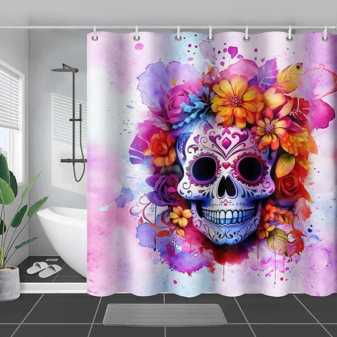 AILONEN Sugar Skull Shower Curtain for Bathroom,Pink Purple Graffiti Flower Art Bathroom Curtain for Kids Girls Teen,Bath Curtain 72" W*78" H Polyester Waterproof Bathroom Curtain with 12 Hooks