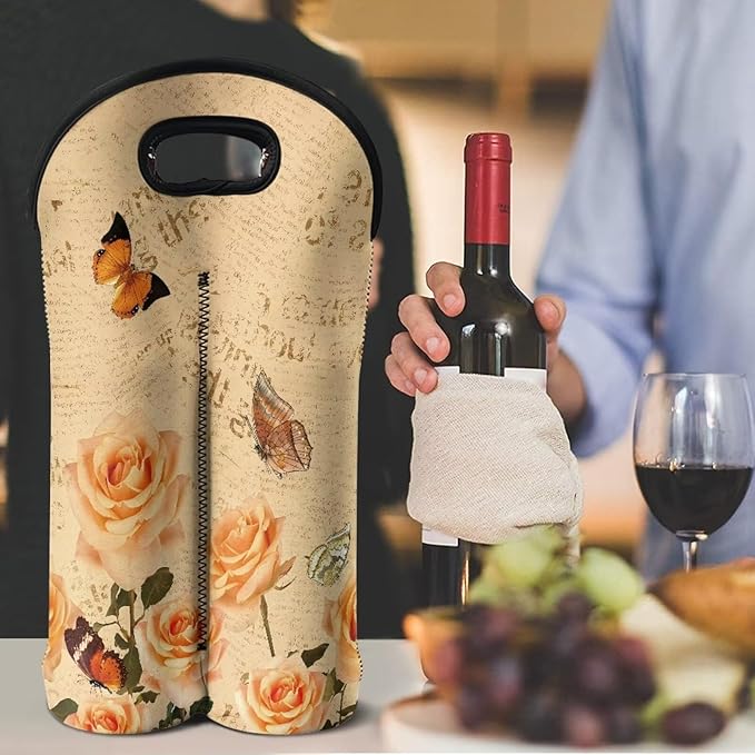 doginthehole 2 Bottle Neoprene Wine/Water Bottle Holder Vintage Yellow Rose Butterfly Print Wine Protective Case for Women Wine Lovers Portable Wine Carrier Tote Bag for Travel Picnic Dinner Wedding