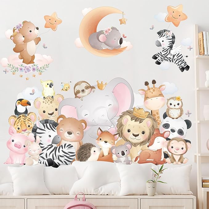 Cartoon Animal Wall Stickers Animal World Elephant Lion Zebra Tiger Giraffe Wall Decals for Kids Baby Nursery Playroom Bedroom Classroom Kindergarten Wall Decor