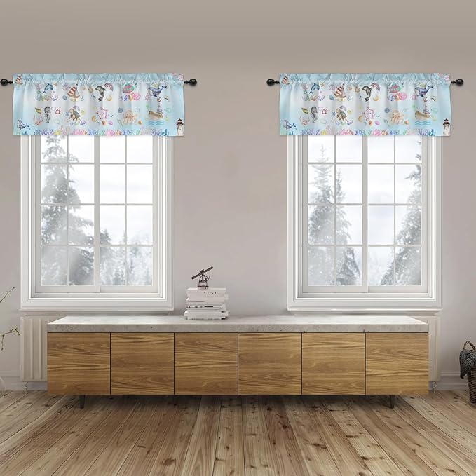Colorful Sea Animals Valance 54''x18'' Kids Toddler Nursery Bedroom Window Decor Drapes Whale Dolphin Turtle Sea Horse Corals Rainbow Rod Pocket Short Curtains for Kitchen Living Room Bathroom 1 Pack