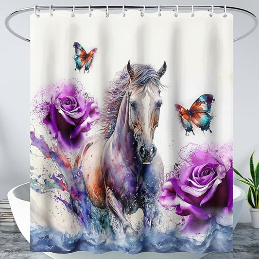 AILONEN 3D Horse Shower Curtain,Galloping Horses with Butterfly Waterproof Fabric Shower Curtains for Bathroom,Oil Purple Rose Bath Curtain Set with Hooks, 72" W*72" H