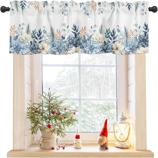 Blue Christmas Poinsettia Valance Curtains for Kitchen Windows Winter Eucalyptus Leaves Rod Pocket Window Treatment Toppers for Kitchen/Living Room/Bedroom/Bathroom, 54" X 18",